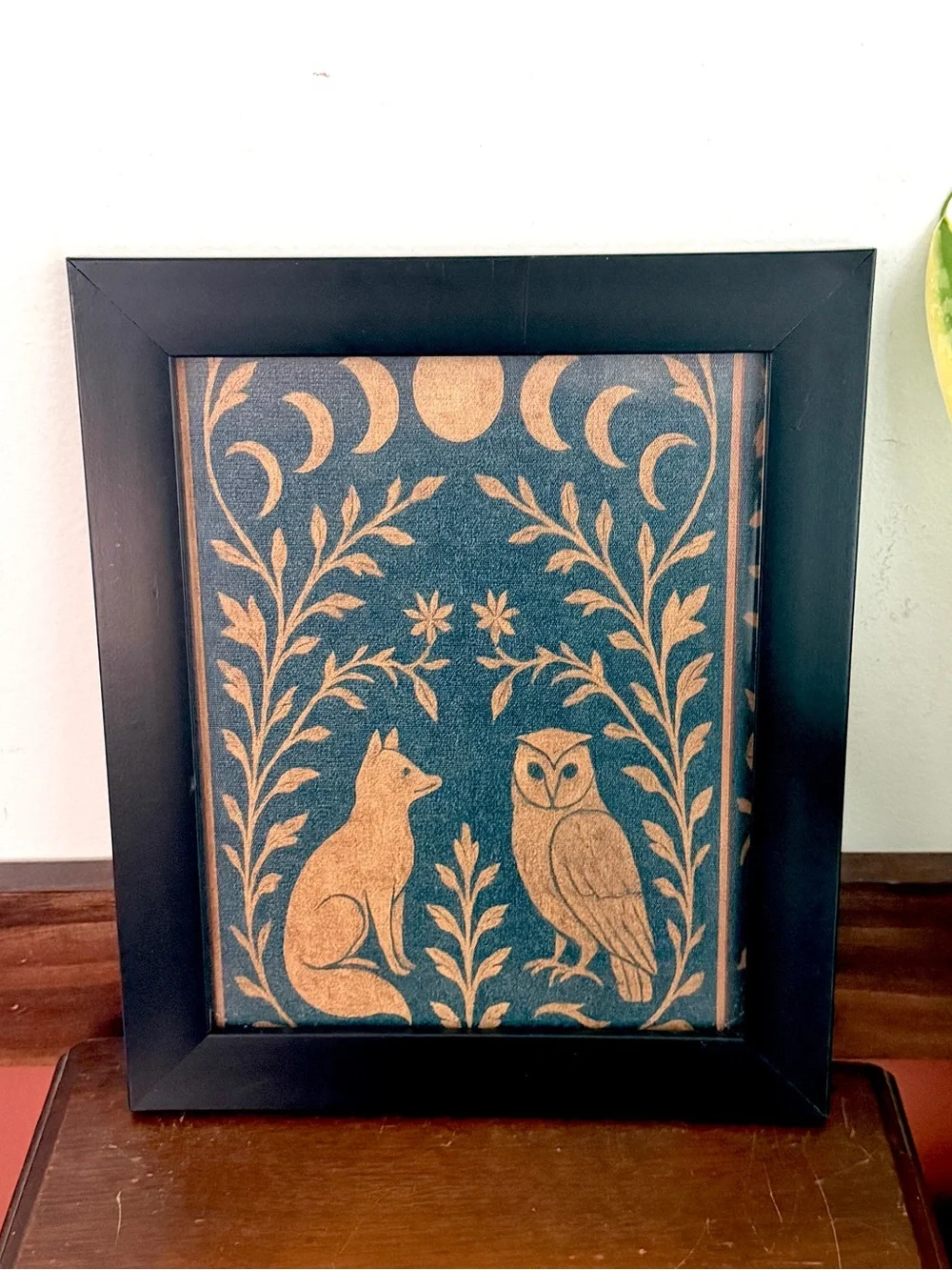 Moon Phases Fox Owl Forest Botanical Canvas Art Print Black Framed Wall Hang Art